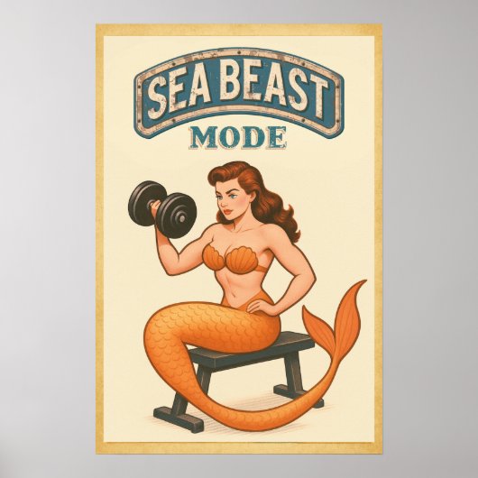 Poster Sea Beast Mode Mermaid - Retro Pin-Up Gym Fitness (Devant)