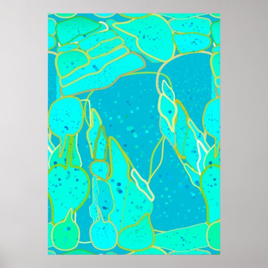 Poster "Sea Grotto" abstrait - turquoise, bleu, or (Devant)