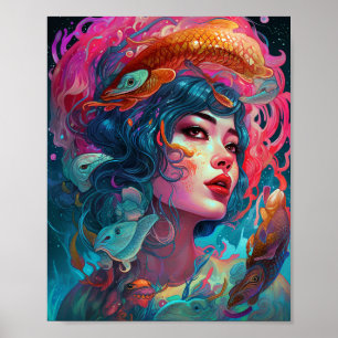Poster Sea Serpent Hair Lady Imaginaire Art