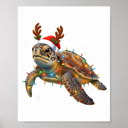 Poster Sea Turtle Christmas Lights Funny Santa Hat Men Wo (Devant)