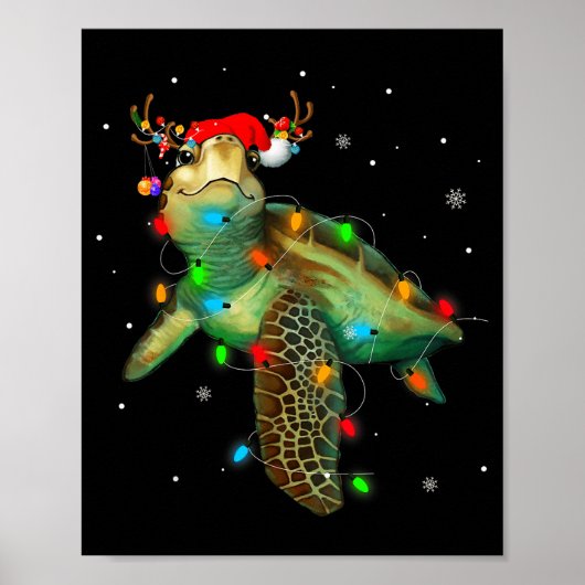 Poster Sea Turtle Christmas Lights Funny Santa Hat Merry (Devant)