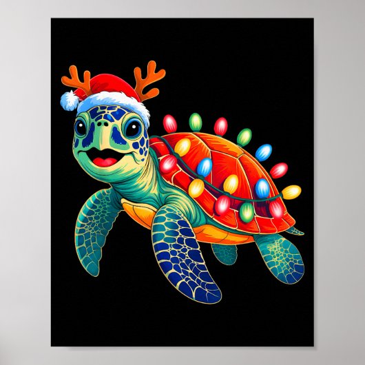 Poster Sea Turtle Christmas Lights Santa Hat Xmas Family (Devant)