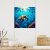 Poster Sea Turtle Vibrant Colorful Underwater Scene (Cuisine)