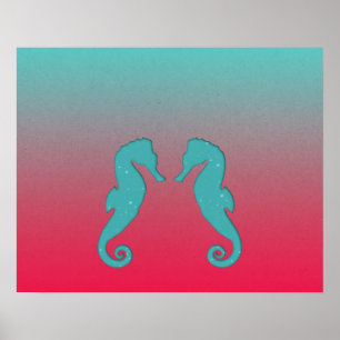 Poster Seahorse turquoise silhouettes Simple Nautical