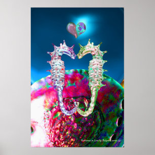 POSTER SEAHORSES IN LOVE AND PINK BLUE MOTHER OF PEARL