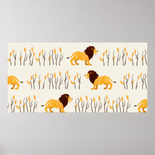 Poster Seamless African pattern with cute lion. vintage w