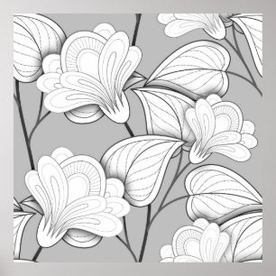 Poster Seamless Monochrome Floral Pattern. Hand Drawn Flo