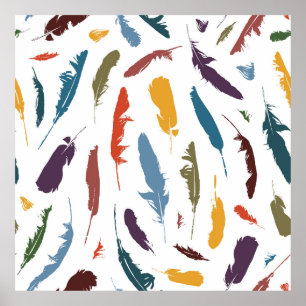 Poster Seamless pattern with colored feathers on a light.