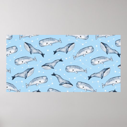 Poster Seamless pattern with cute whales and stars. Water (Devant)