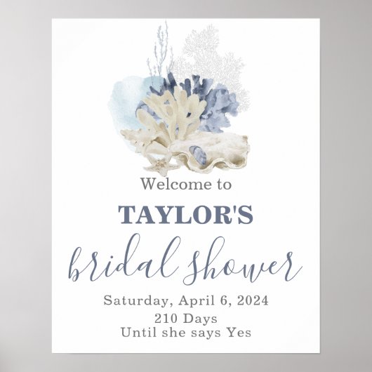 Poster Seashell beach blue bridal shower Welcome (Devant)