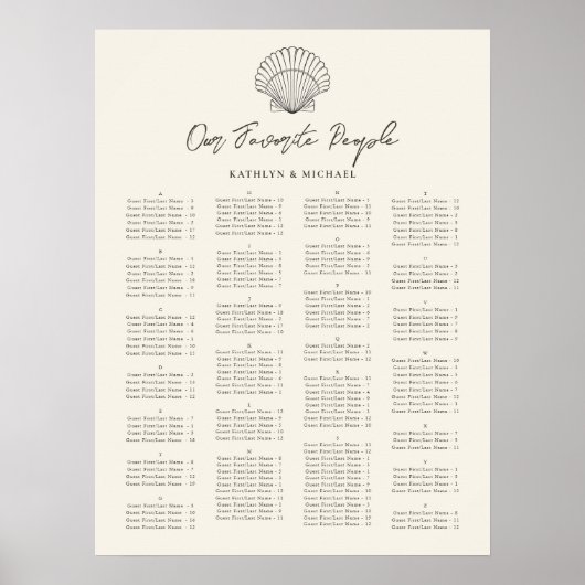 Poster Seashell Beach Ocean Mariage Siège alphabétique (Devant)