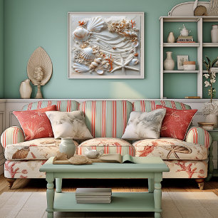 Poster Seashell Starfish Pearls Sand Beach Été,