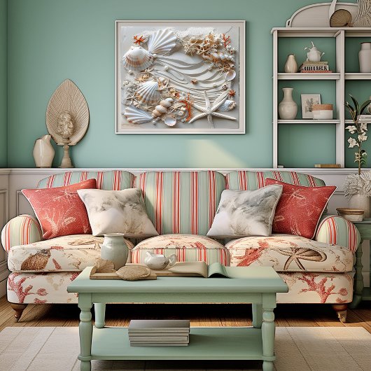 Poster Seashell Starfish Pearls Sand Beach Été,