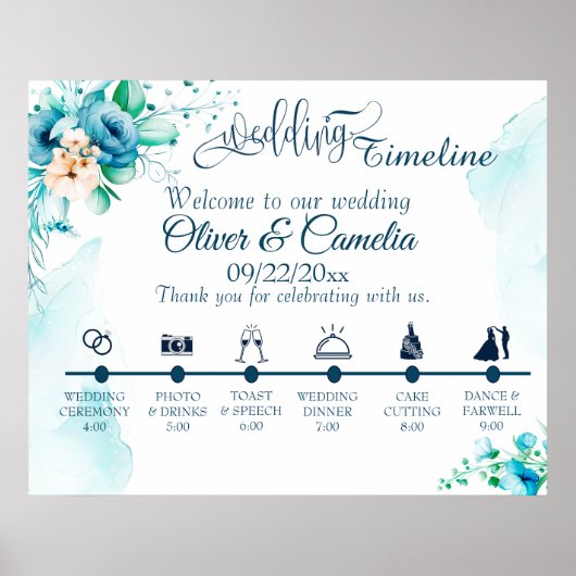 Poster Seashore Floral Wedding Day Icons Timeline (Devant)