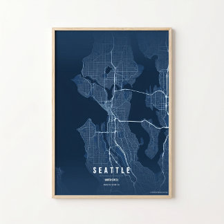 Poster Seattle Blue Map Print Washington City Wall Art 