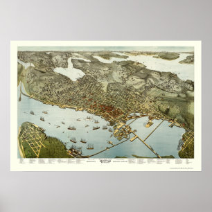 Poster Seattle, carte panoramique de WA - 1891