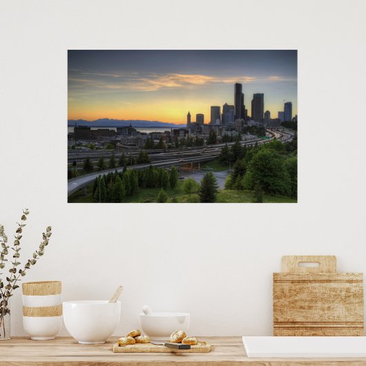 Poster Seattle Downtown Skyline à Sunset (Cuisine)