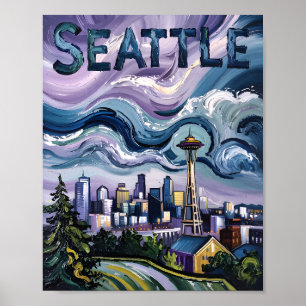 Poster Seattle Skyline Van Gogh Style Art Vintage voyage