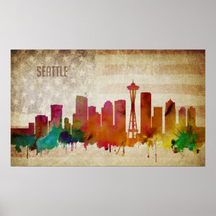 Poster Seattle, WA Aquarelle Ville Skyline