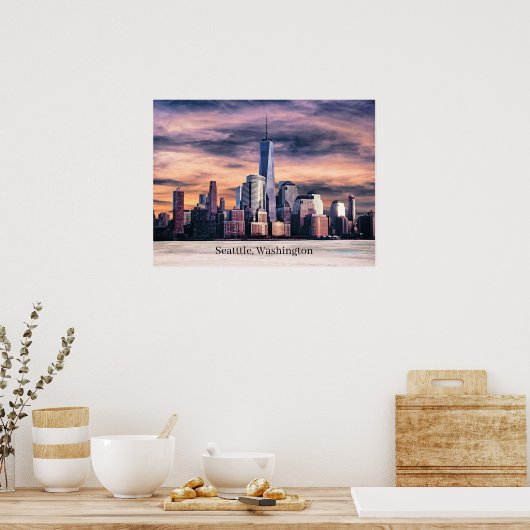 Poster Seattle, Washington Cityscape, Labellisé, (Cuisine)