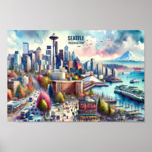 Poster Seattle Washington Famous Travel Places aquarelle