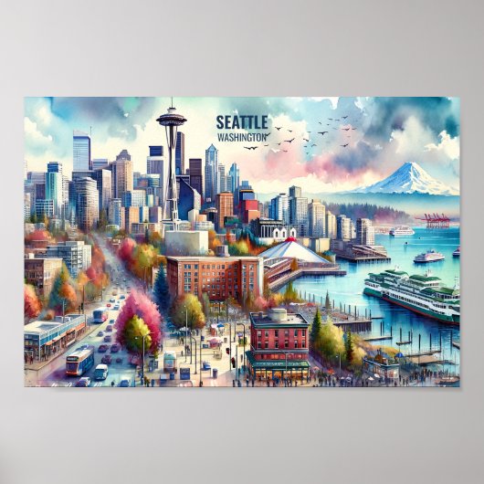 Poster Seattle Washington Famous Travel Places aquarelle (Devant)