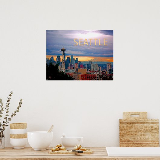 Poster Seattle Washington Skyline à Sunset TEXT SEATTLE (Cuisine)