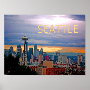 Poster Seattle Washington Skyline à Sunset TEXT SEATTLE