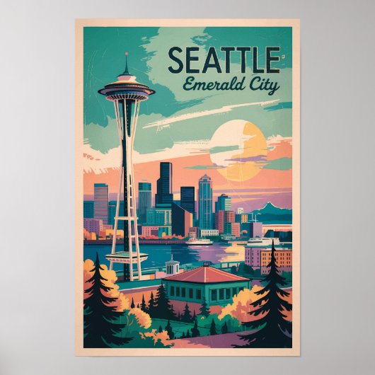 Poster Seattle Washington Skyline Voyage Art Rétro (Devant)