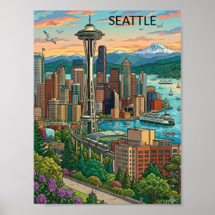 Poster Seattle, Washington Vue de la ville de voyage vint