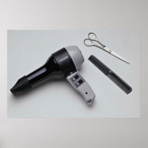 Poster Sèche-cheveux avec ciseaux et peigne