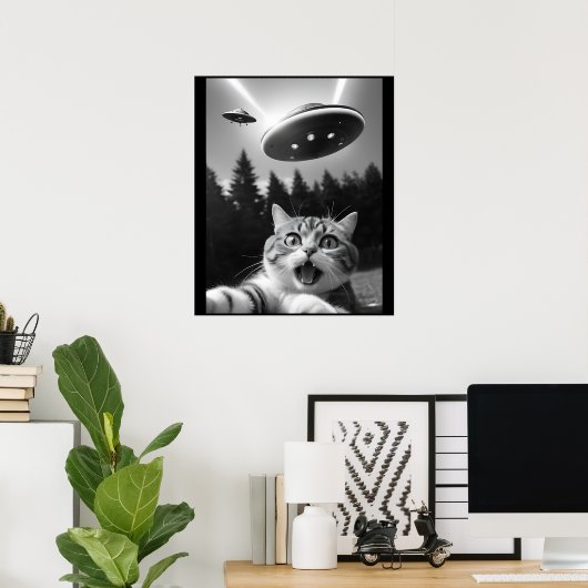 Poster Selfie de chat drôle avec Alien UFO (Bureau à domicile)