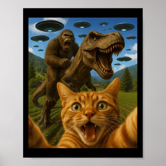 Poster Selfie De Chat Graphique Drôle Avec T-rex À Riding (Devant)