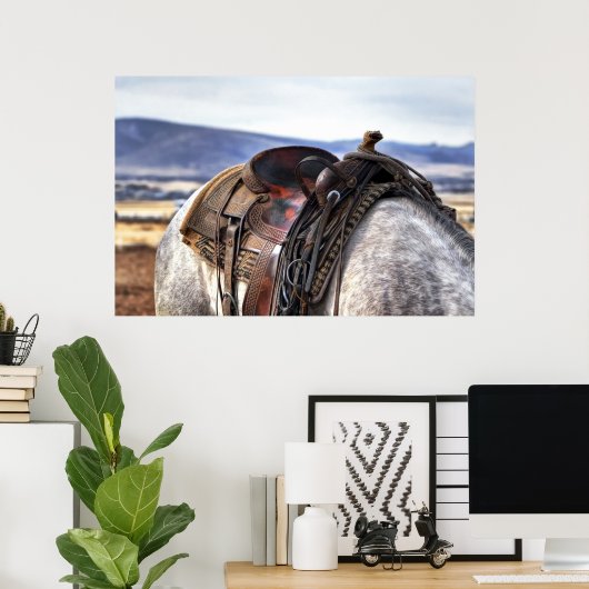 Poster Selle occidentale sur cheval gris (Bureau à domicile)