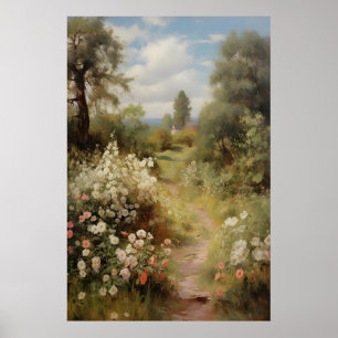 Poster Sentier de jardin fleuri vintage printemps , Huile