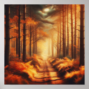 Poster Sentier de la forêt ambre avec rayons de soleil –