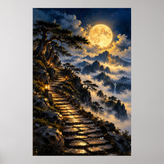 Poster Sentier de pierre mystique de la montagne sous la