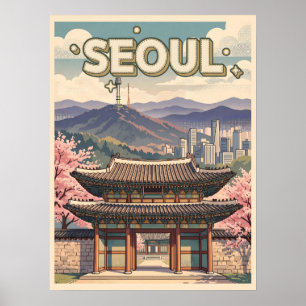 Poster Séoul Corée du Sud – Cerisiers en Fleur & Toits de