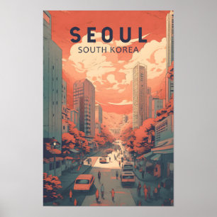 Poster Séoul Corée du Sud Illustration Art Vintage