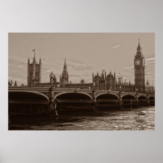 Poster Sepia Big Ben Tower Palace de Westminster (Devant)