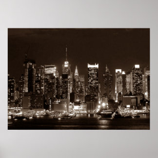 Poster Sepia Brown New York City Night Artwork