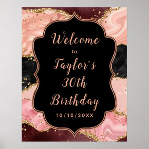 Poster Séquins noirs et roses Agate Anniversaire Bienvenu