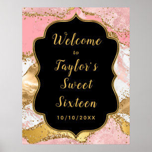 Poster Séquins or et rose Agate Sweet sixteen Bienvenue