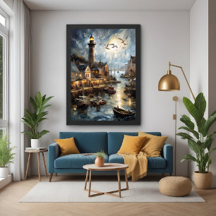 Poster Serene Coastal Village à Dusk Nautical Harbour Art