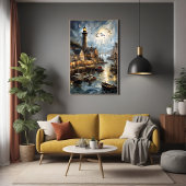 Poster Serene Coastal Village à Dusk Nautical Harbour Art