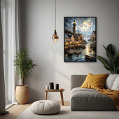 Poster Serene Coastal Village à Dusk Nautical Harbour Art