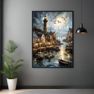 Poster Serene Coastal Village à Dusk Nautical Harbour Art