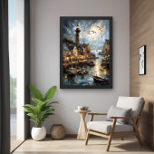 Poster Serene Coastal Village à Dusk Nautical Harbour Art