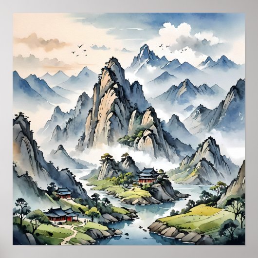Poster Serene Misty Mountains, Paysage Tranquille (Devant)