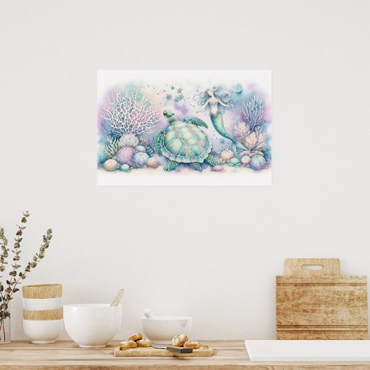 Poster Serene Sea Turtle et Mermaid Imprimer (Cuisine)